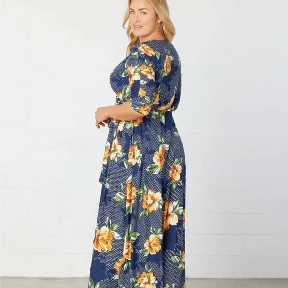 NWT Kiyonna Dress Meadow Dream Style Navy/Orange Floral 4x Maxi Wrap Dress Rare - Picture 4 of 7